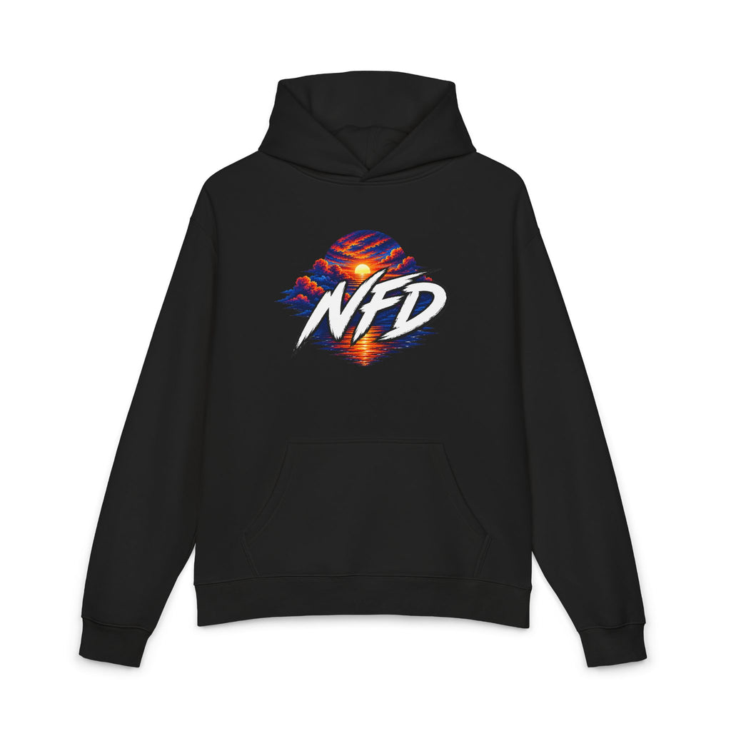Sunset Globe Hoodie – NFD Graphic Pullover with Vibrant Sunrise Design