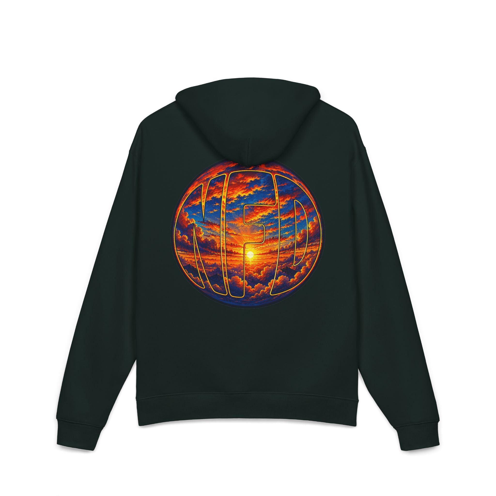 Sunset Globe Hoodie – NFD Graphic Pullover with Vibrant Sunrise Design