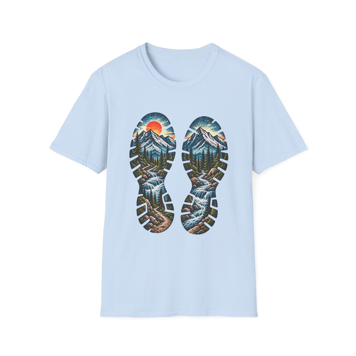 Hiking Bootprint Mountain Tee — Sunset Trail Graphic T-Shirt