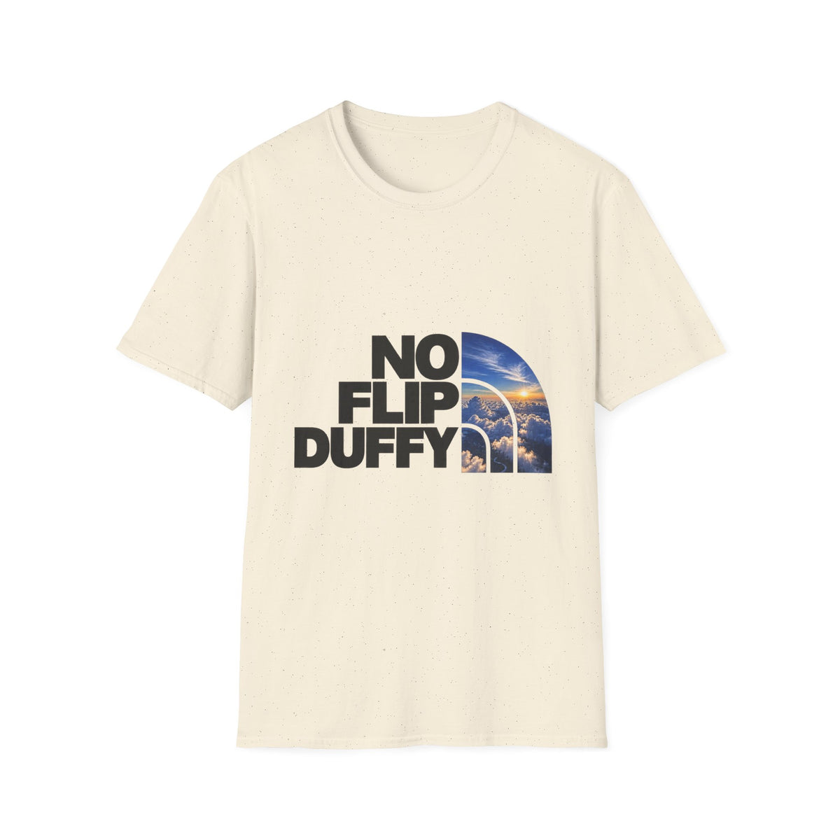 No Flip Duffy T-Shirt — Bold Graphic Tee with Scenic Half-Arch Design