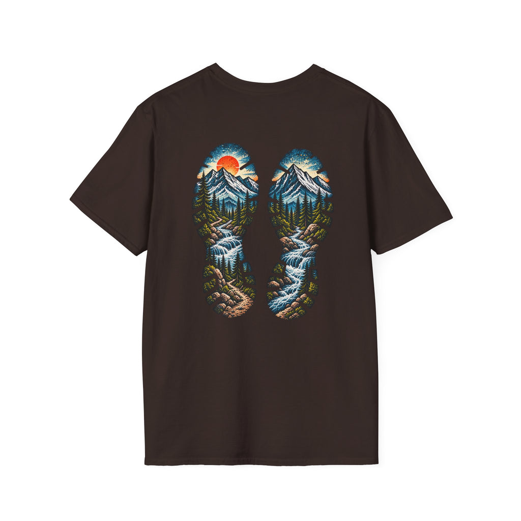 Hiking Bootprint Mountain Tee — Sunset Trail Graphic T-Shirt