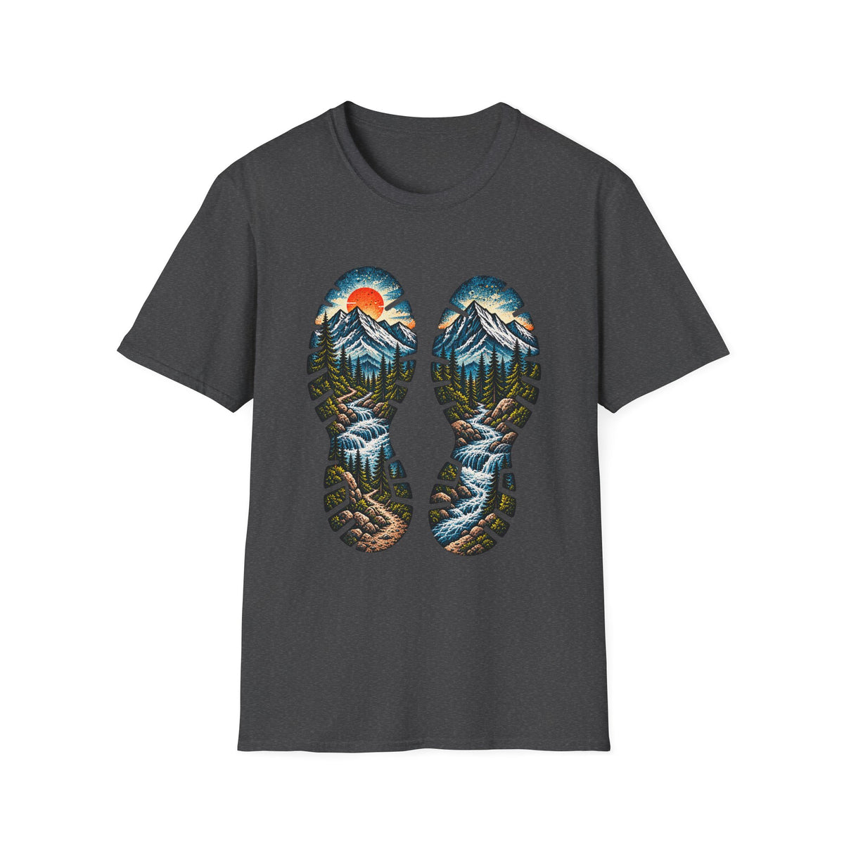 Hiking Bootprint Mountain Tee — Sunset Trail Graphic T-Shirt