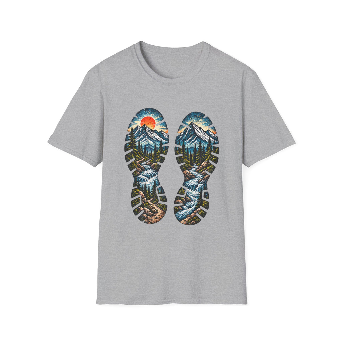Hiking Bootprint Mountain Tee — Sunset Trail Graphic T-Shirt
