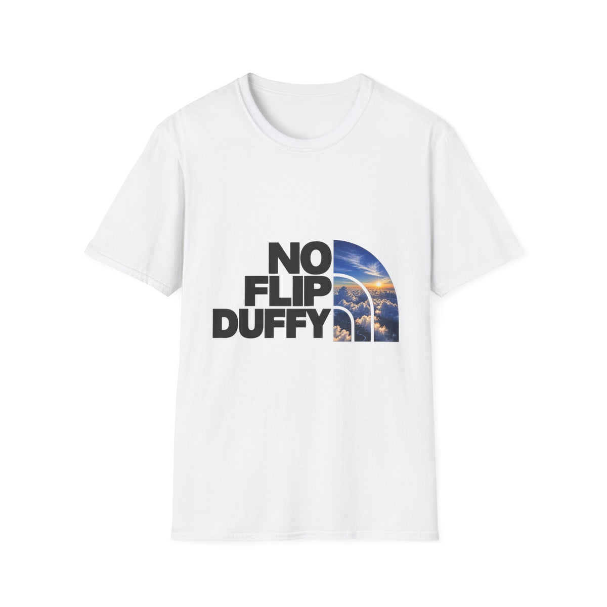 No Flip Duffy T-Shirt — Bold Graphic Tee with Scenic Half-Arch Design