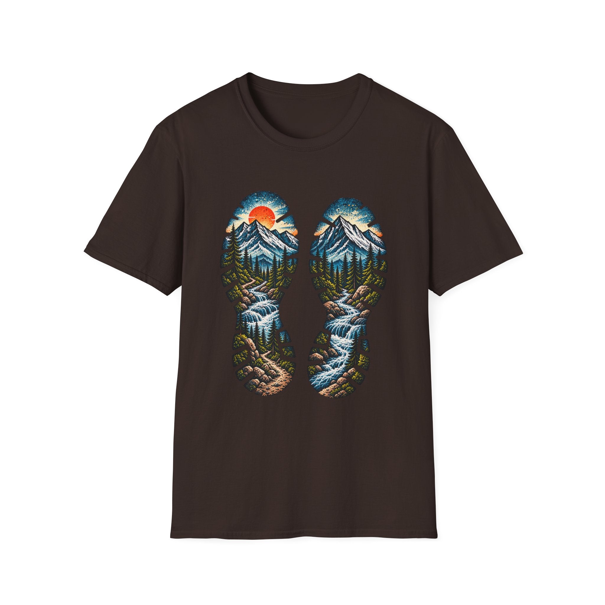 Hiking Bootprint Mountain Tee — Sunset Trail Graphic T-Shirt