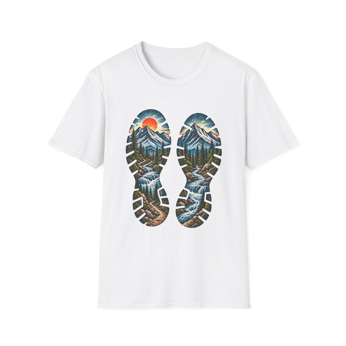 Hiking Bootprint Mountain Tee — Sunset Trail Graphic T-Shirt