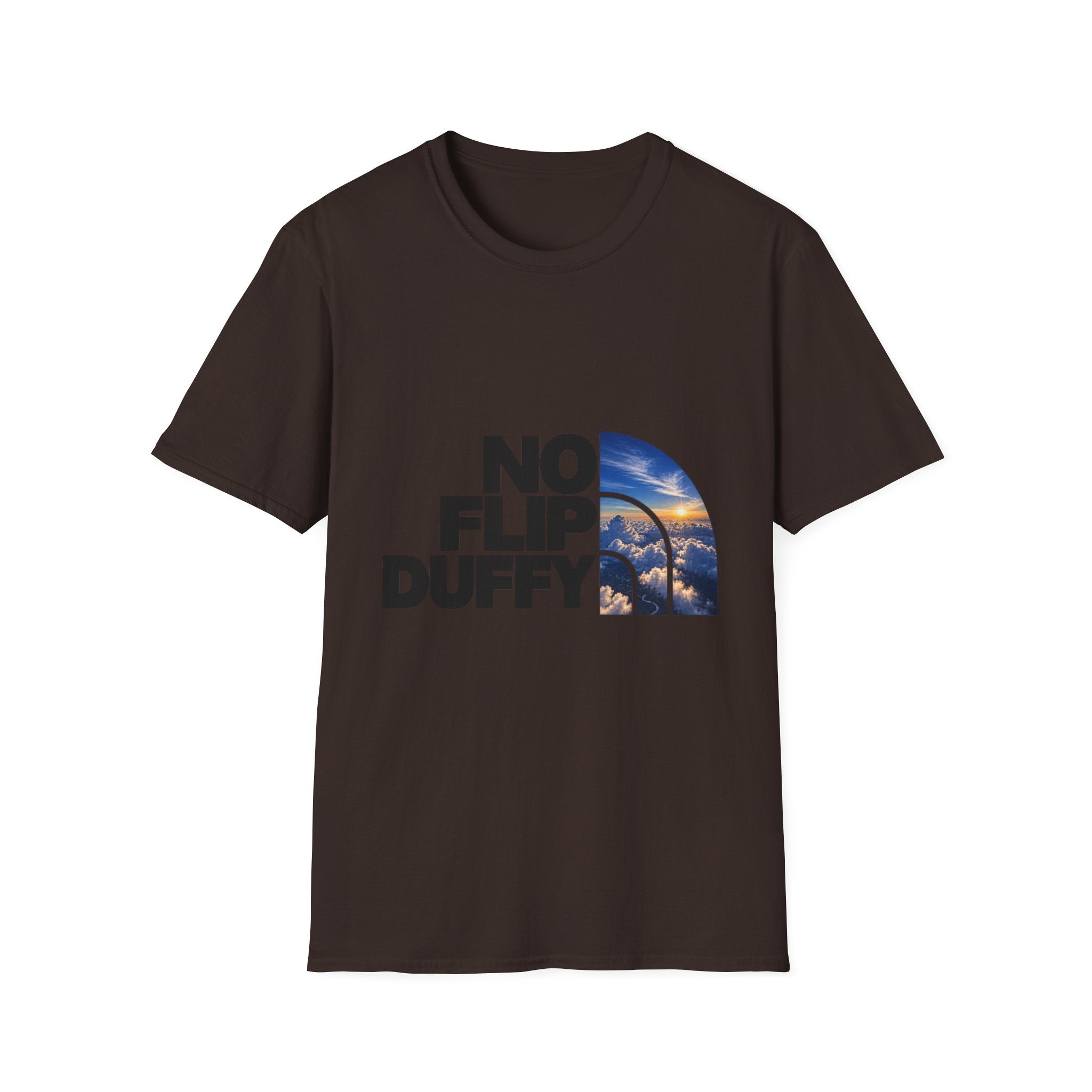 No Flip Duffy T-Shirt — Bold Graphic Tee with Scenic Half-Arch Design