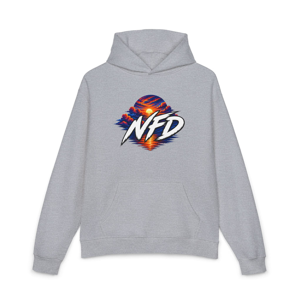 Sunset Globe Hoodie – NFD Graphic Pullover with Vibrant Sunrise Design