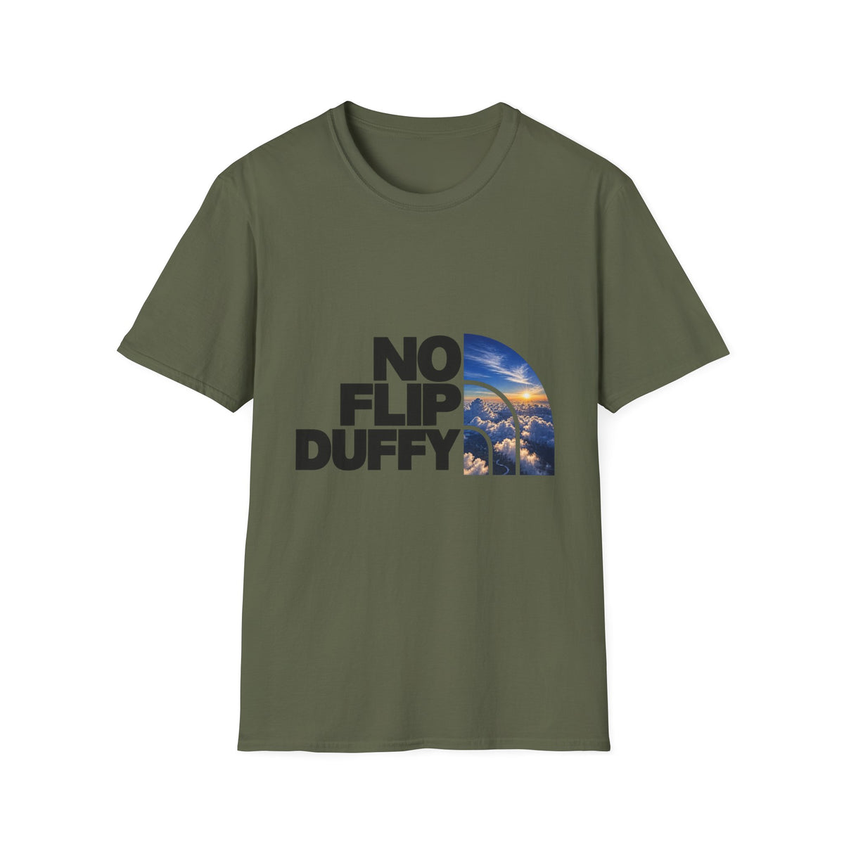 No Flip Duffy T-Shirt — Bold Graphic Tee with Scenic Half-Arch Design