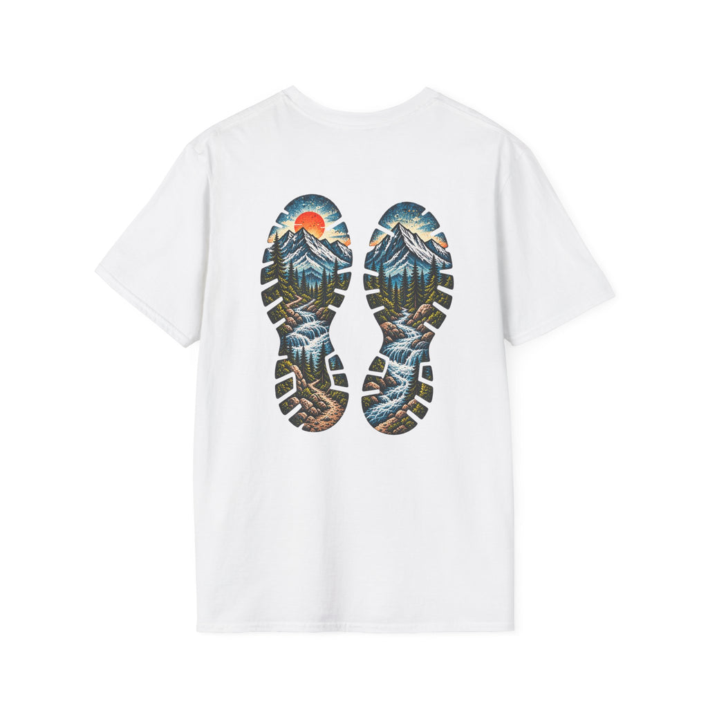 Hiking Bootprint Mountain Tee — Sunset Trail Graphic T-Shirt