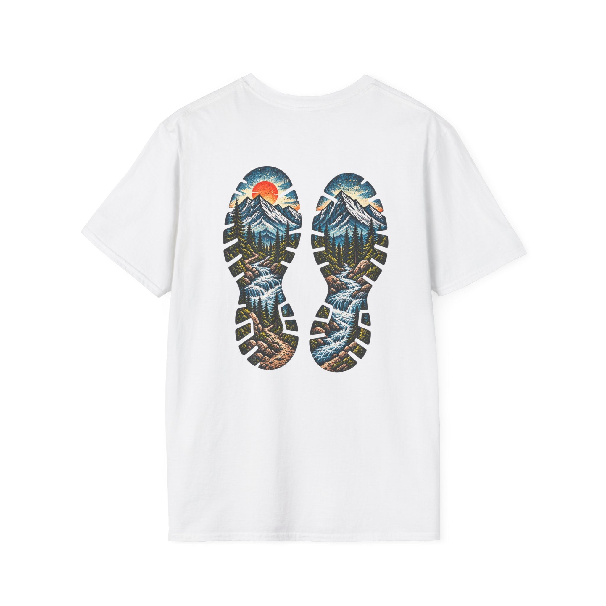 Hiking Bootprint Mountain Tee — Sunset Trail Graphic T-Shirt