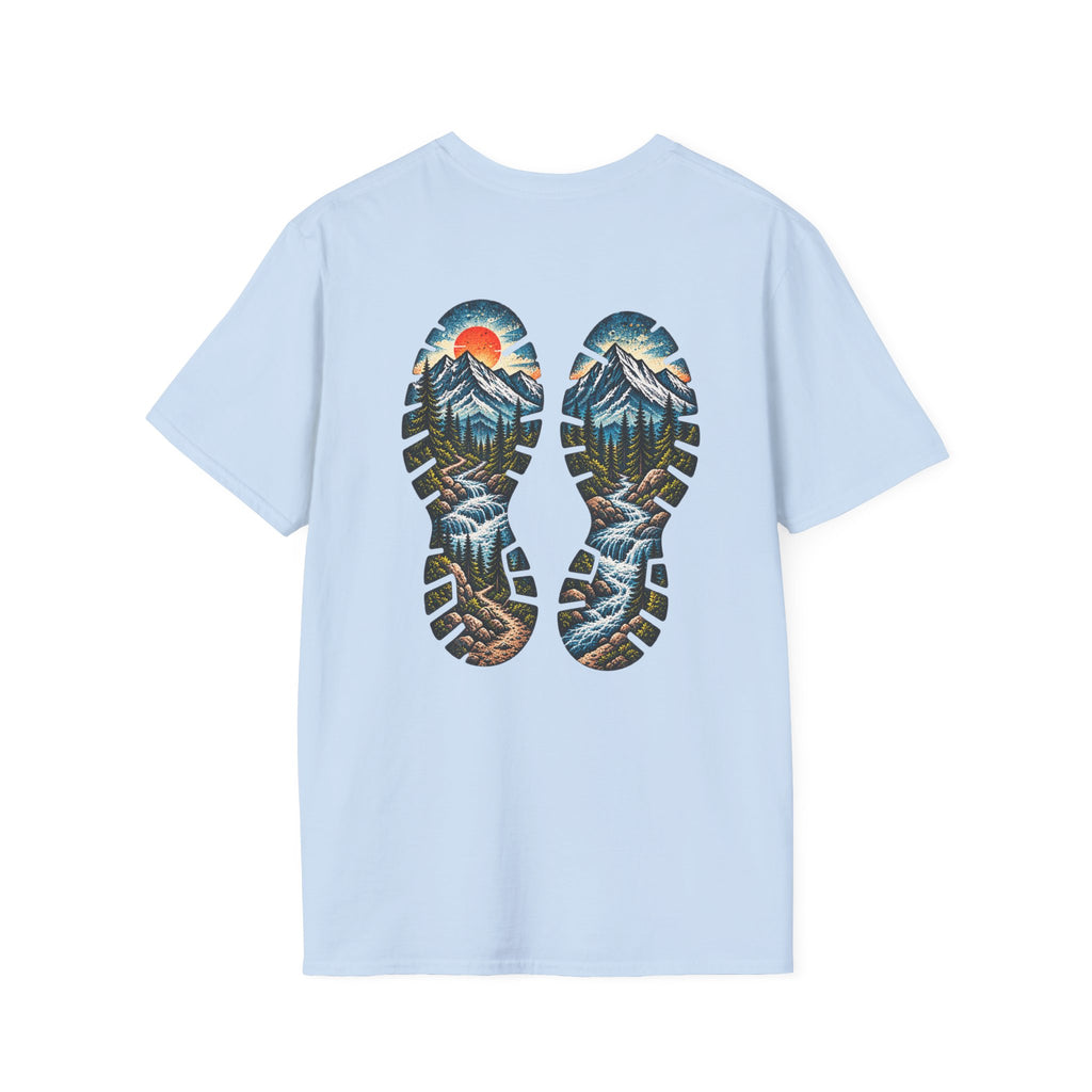 Hiking Bootprint Mountain Tee — Sunset Trail Graphic T-Shirt