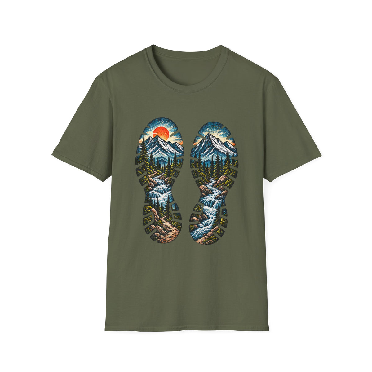 Hiking Bootprint Mountain Tee — Sunset Trail Graphic T-Shirt