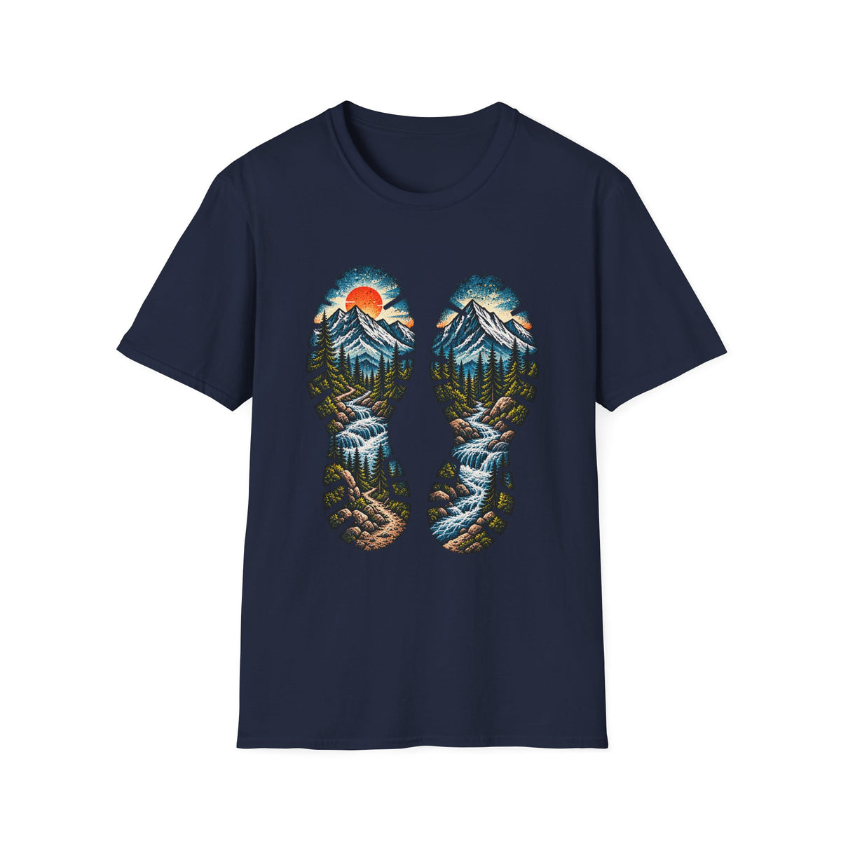 Hiking Bootprint Mountain Tee — Sunset Trail Graphic T-Shirt