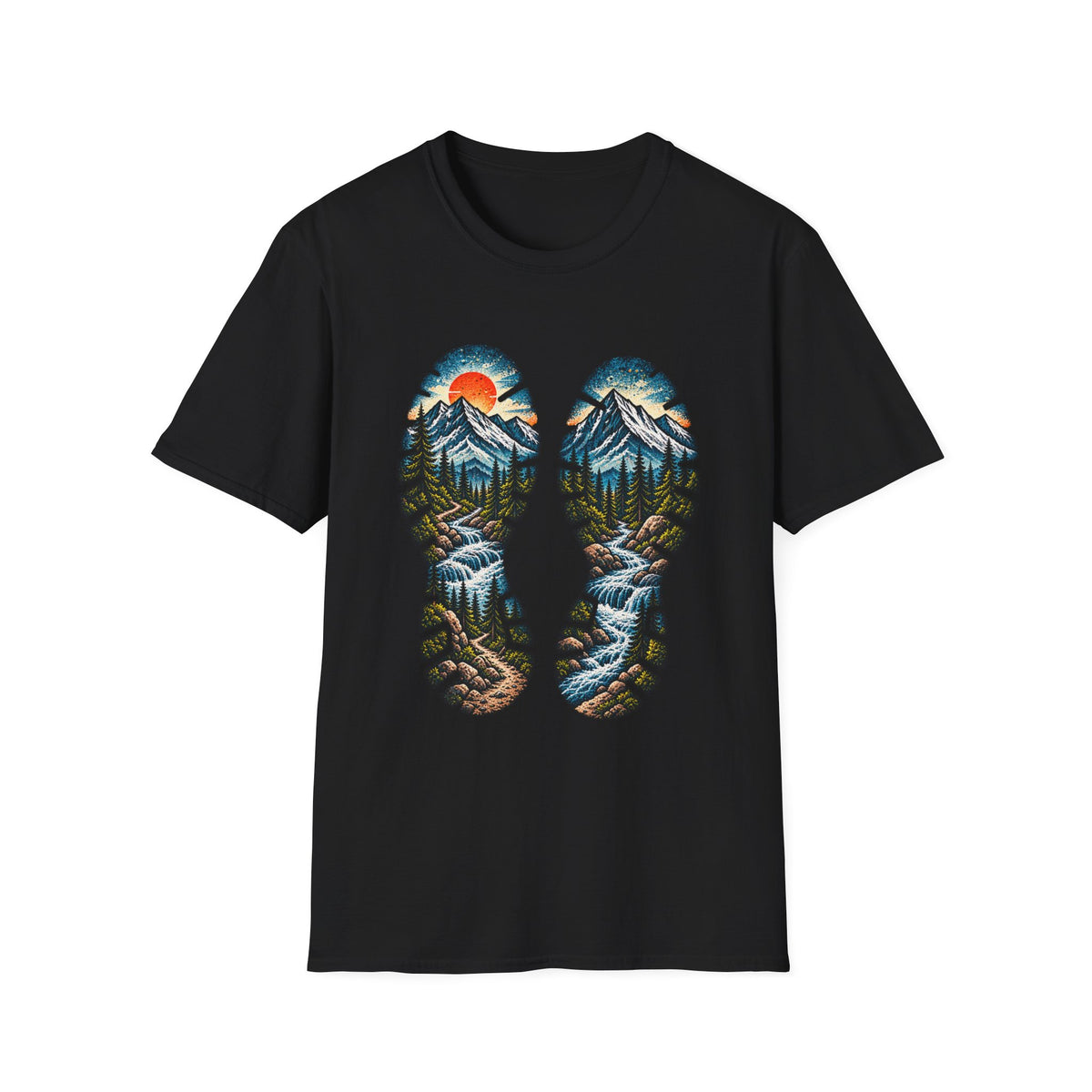 Hiking Bootprint Mountain Tee — Sunset Trail Graphic T-Shirt