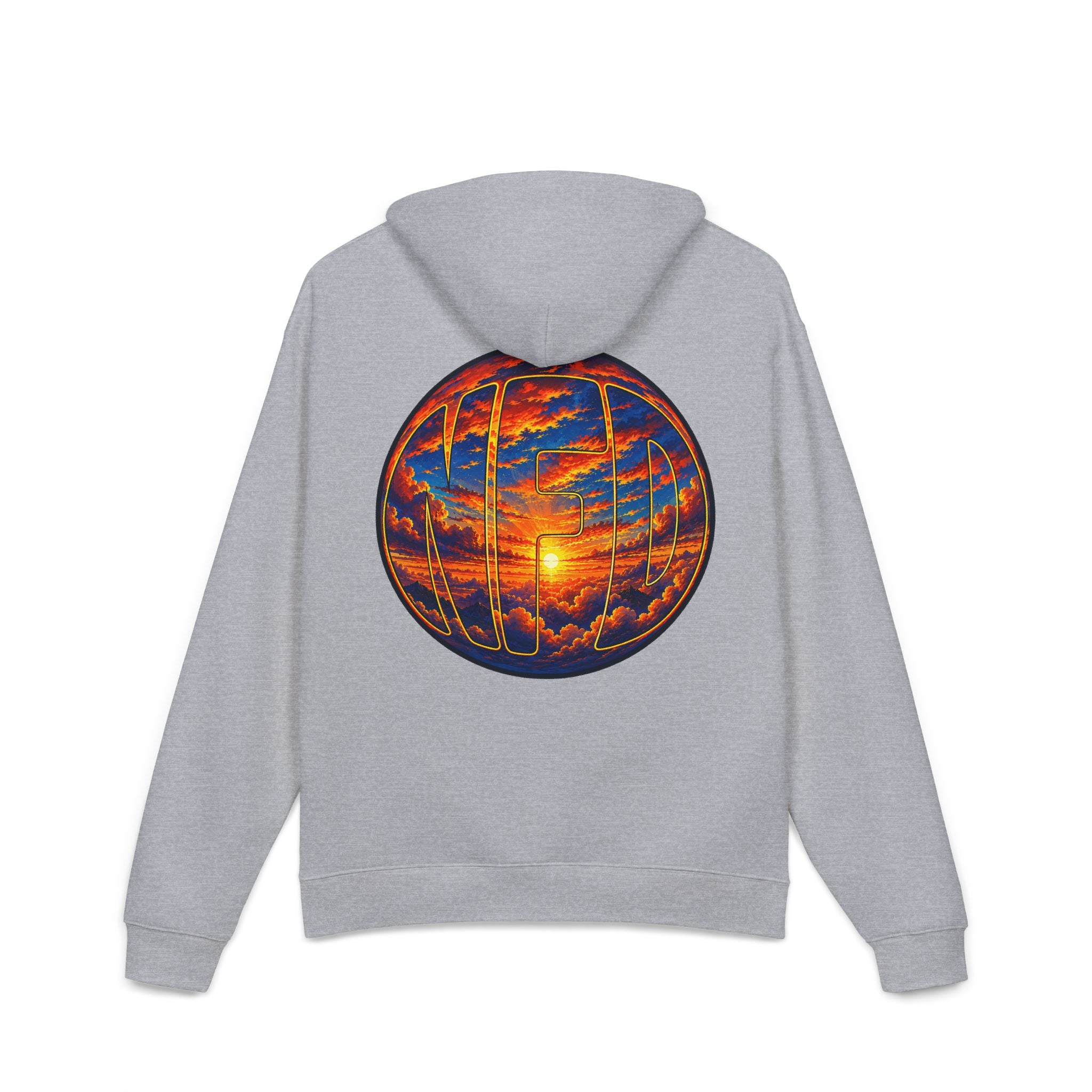 Sunset Globe Hoodie – NFD Graphic Pullover with Vibrant Sunrise Design