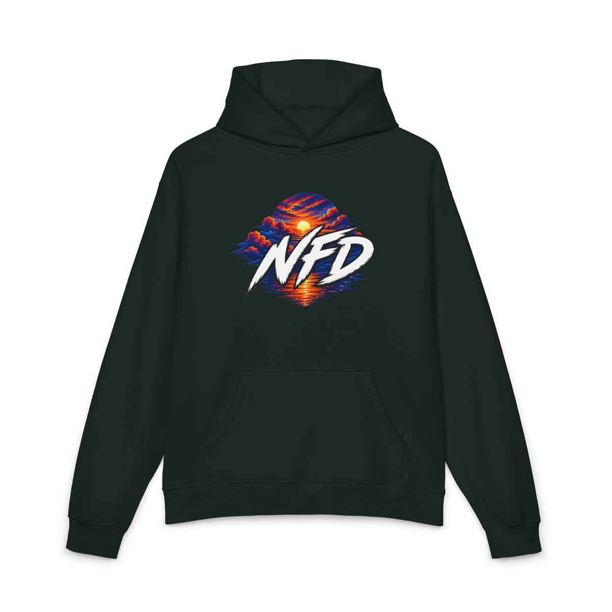 Sunset Globe Hoodie – NFD Graphic Pullover with Vibrant Sunrise Design