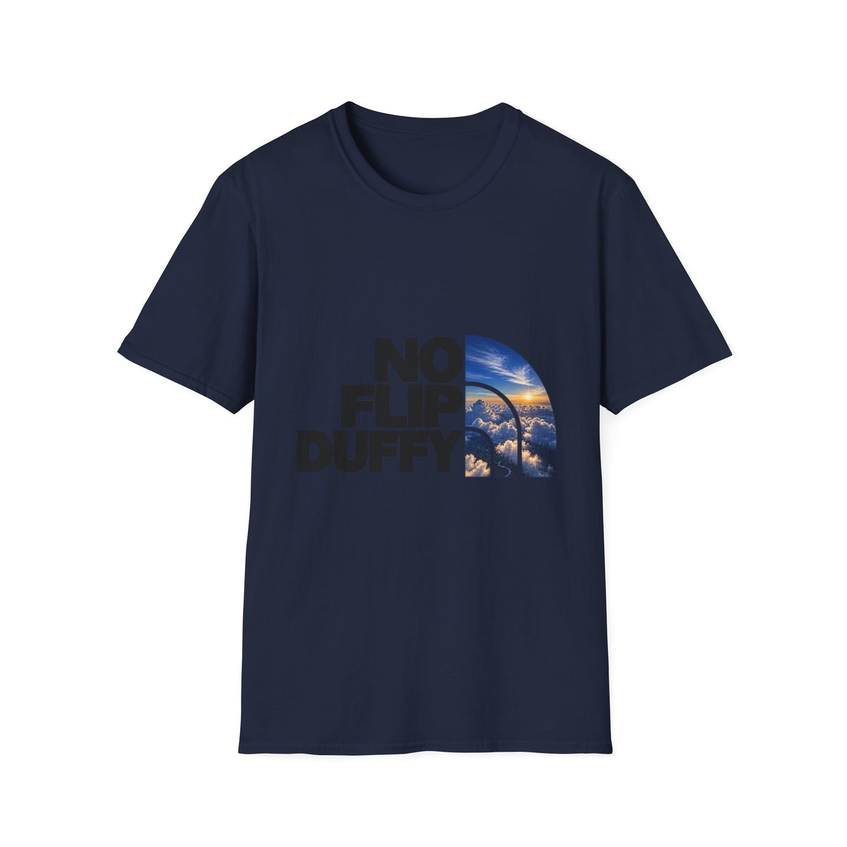 No Flip Duffy T-Shirt — Bold Graphic Tee with Scenic Half-Arch Design
