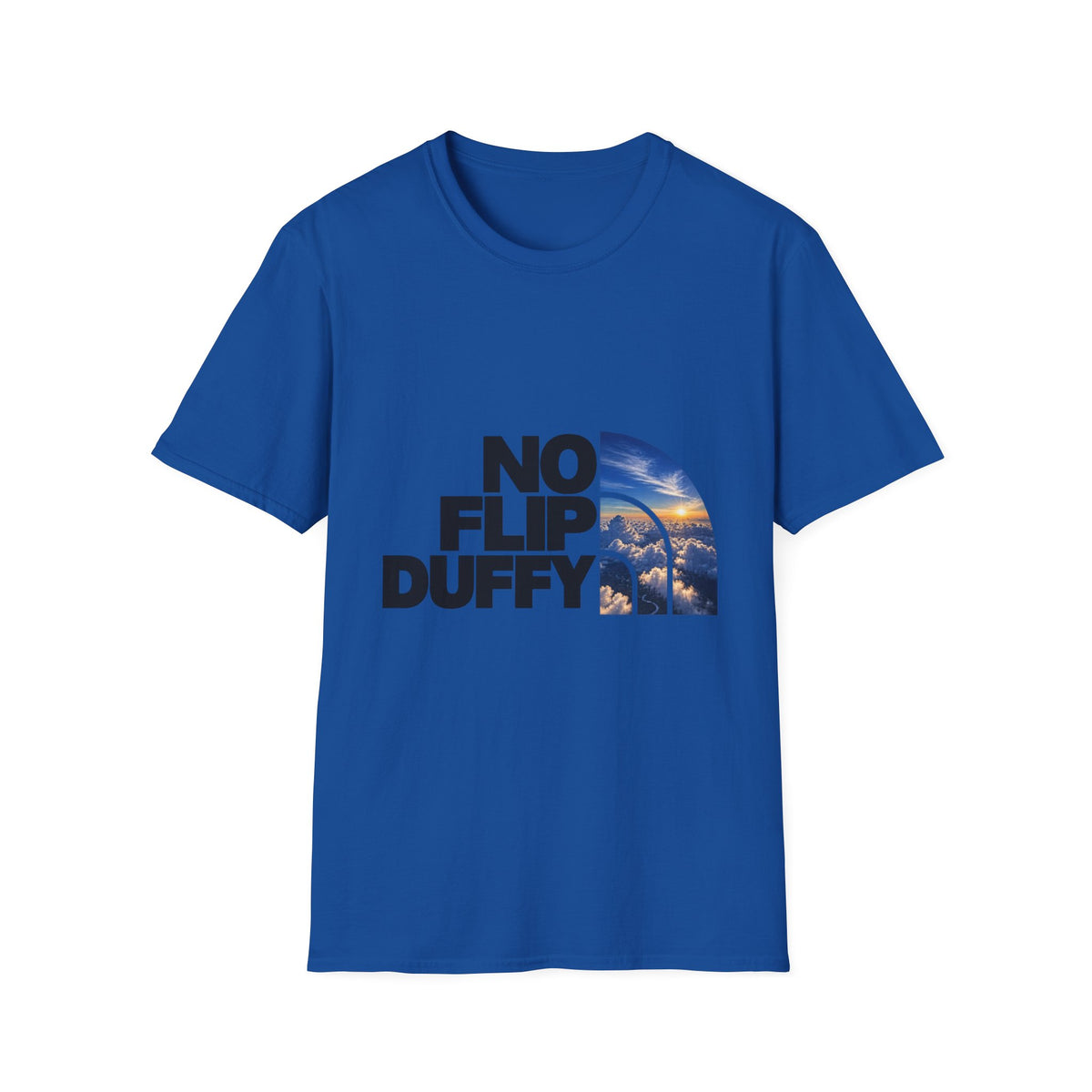 No Flip Duffy T-Shirt — Bold Graphic Tee with Scenic Half-Arch Design
