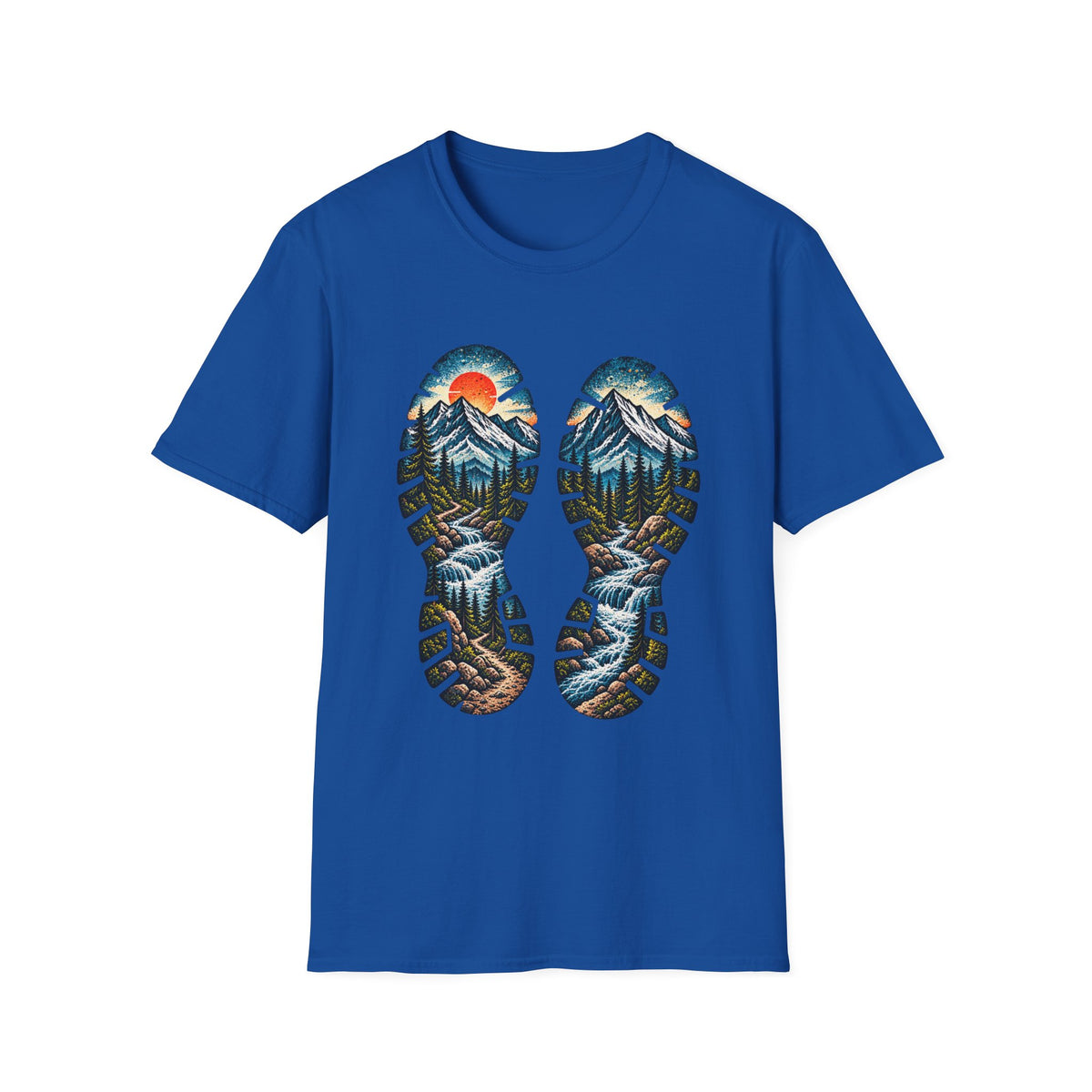 Hiking Bootprint Mountain Tee — Sunset Trail Graphic T-Shirt