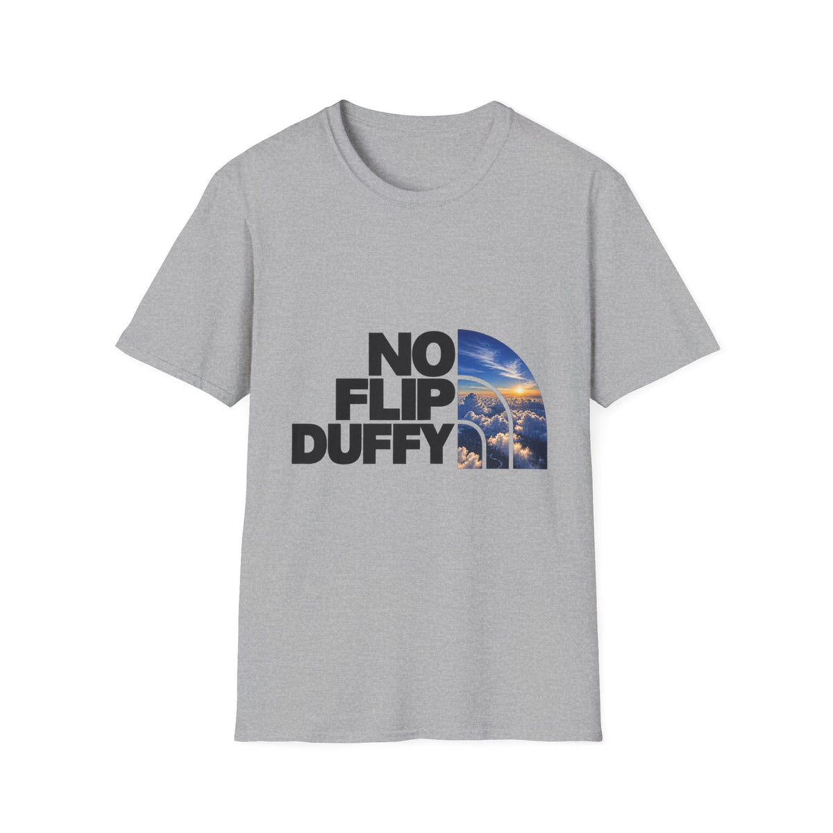 No Flip Duffy T-Shirt — Bold Graphic Tee with Scenic Half-Arch Design