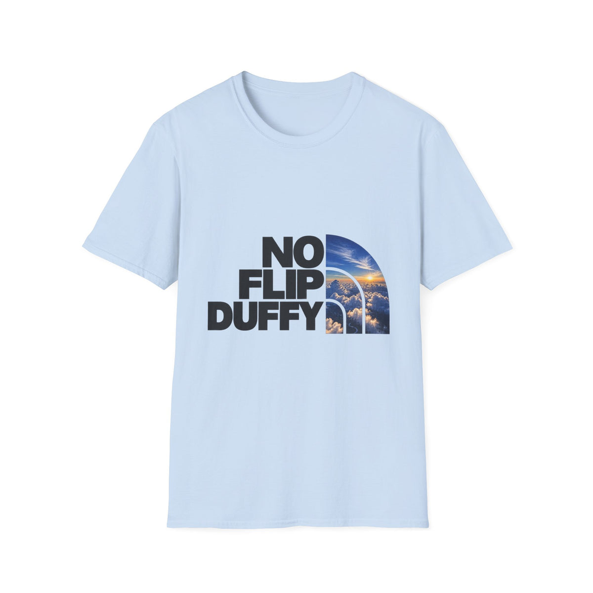 No Flip Duffy T-Shirt — Bold Graphic Tee with Scenic Half-Arch Design
