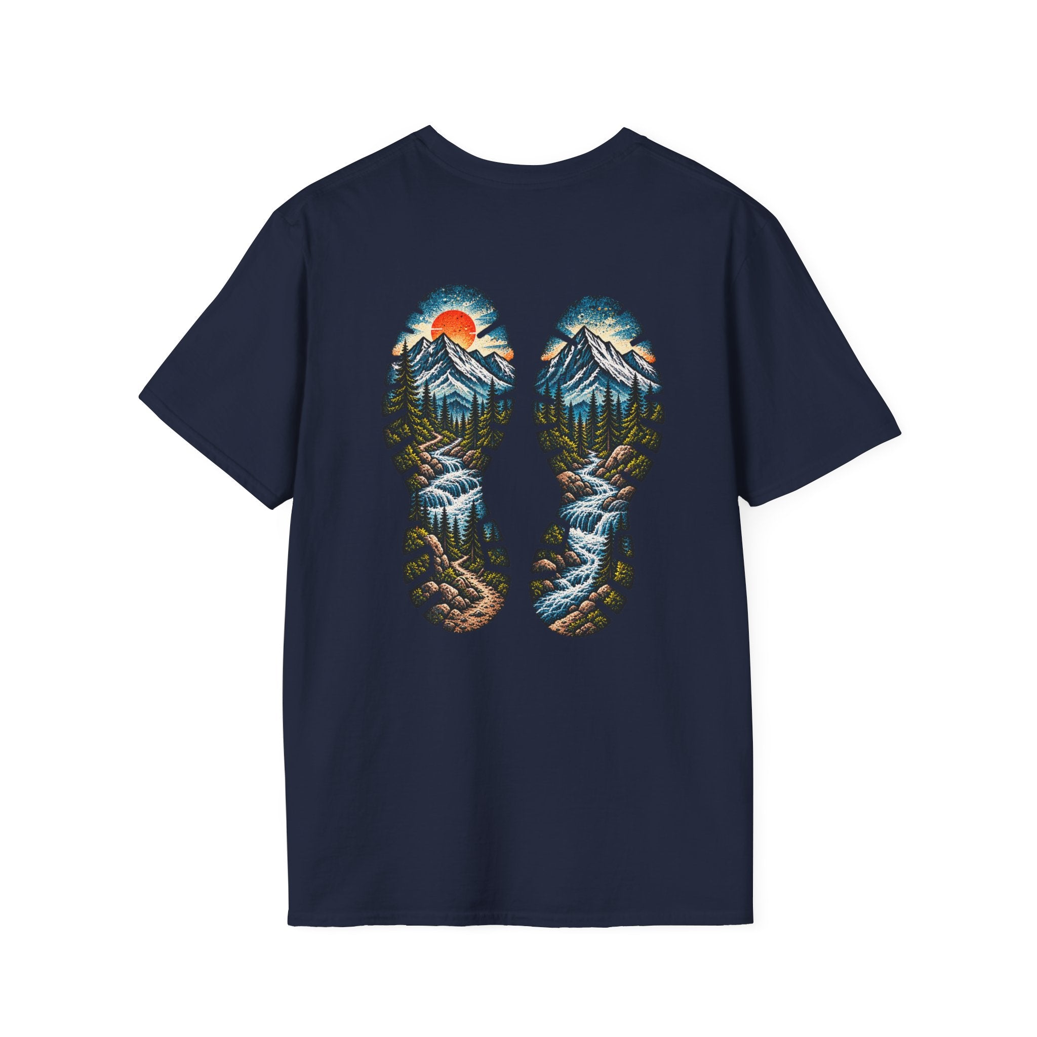 Hiking Bootprint Mountain Tee — Sunset Trail Graphic T-Shirt