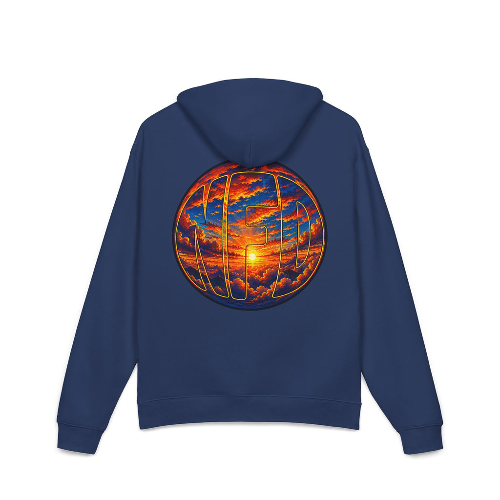 Sunset Globe Hoodie – NFD Graphic Pullover with Vibrant Sunrise Design