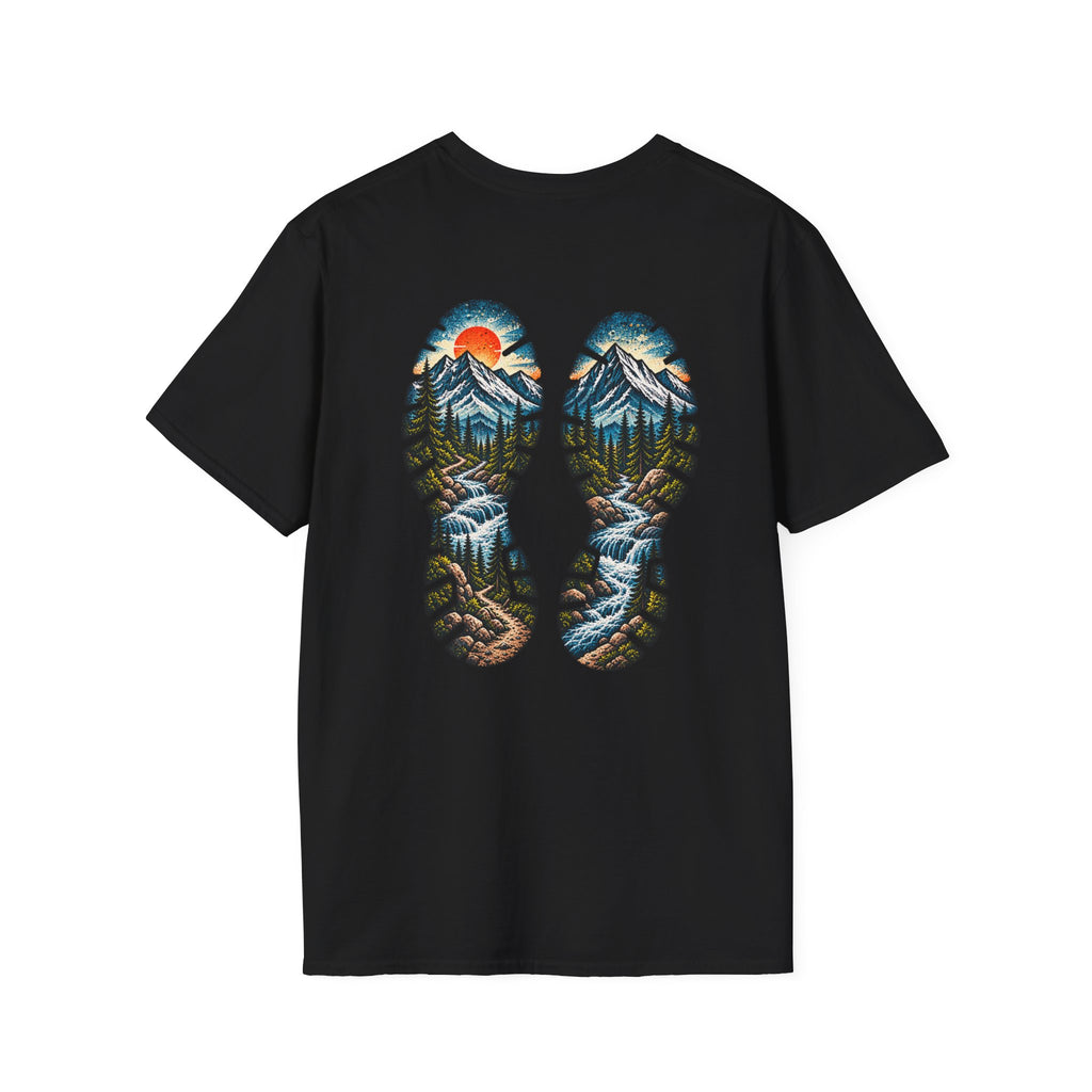 Hiking Bootprint Mountain Tee — Sunset Trail Graphic T-Shirt