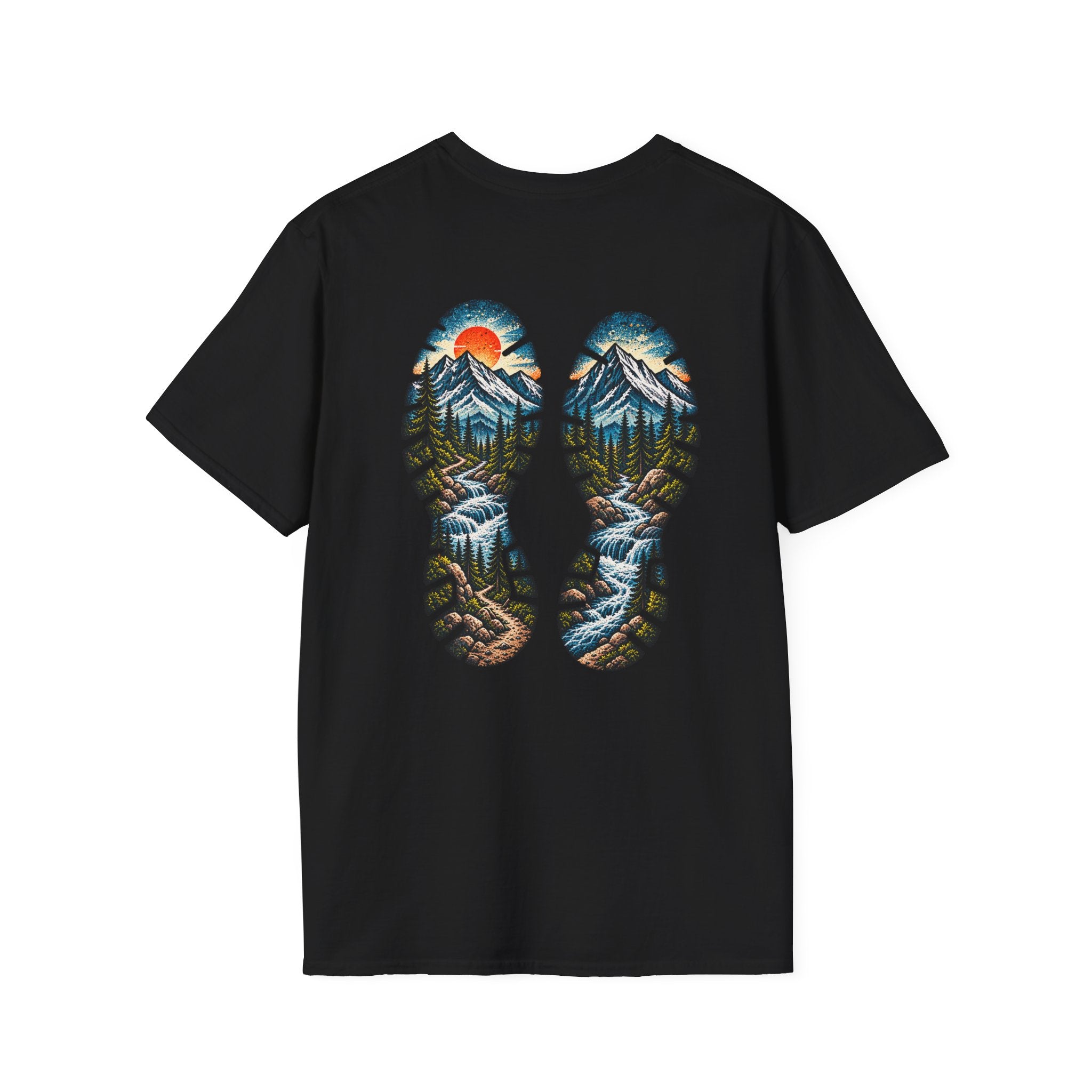 Hiking Bootprint Mountain Tee — Sunset Trail Graphic T-Shirt