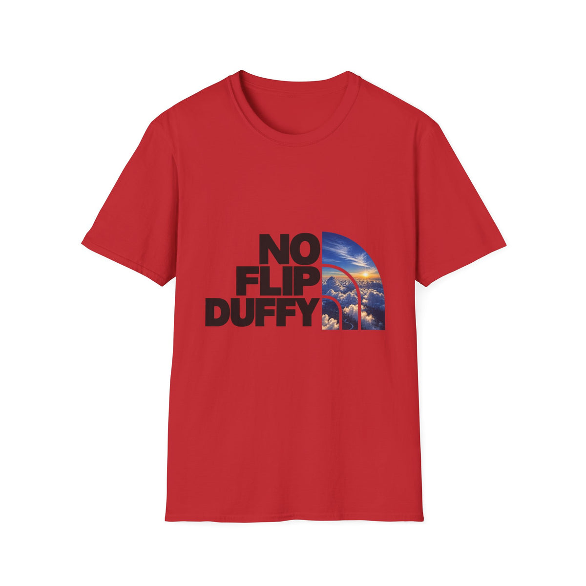 No Flip Duffy T-Shirt — Bold Graphic Tee with Scenic Half-Arch Design