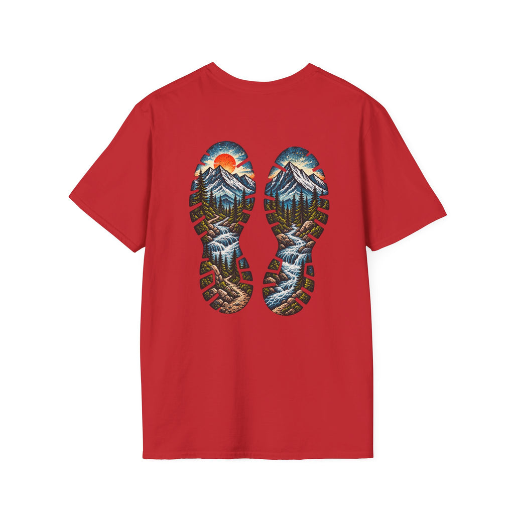 Hiking Bootprint Mountain Tee — Sunset Trail Graphic T-Shirt