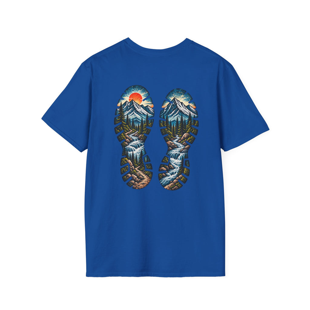Hiking Bootprint Mountain Tee — Sunset Trail Graphic T-Shirt