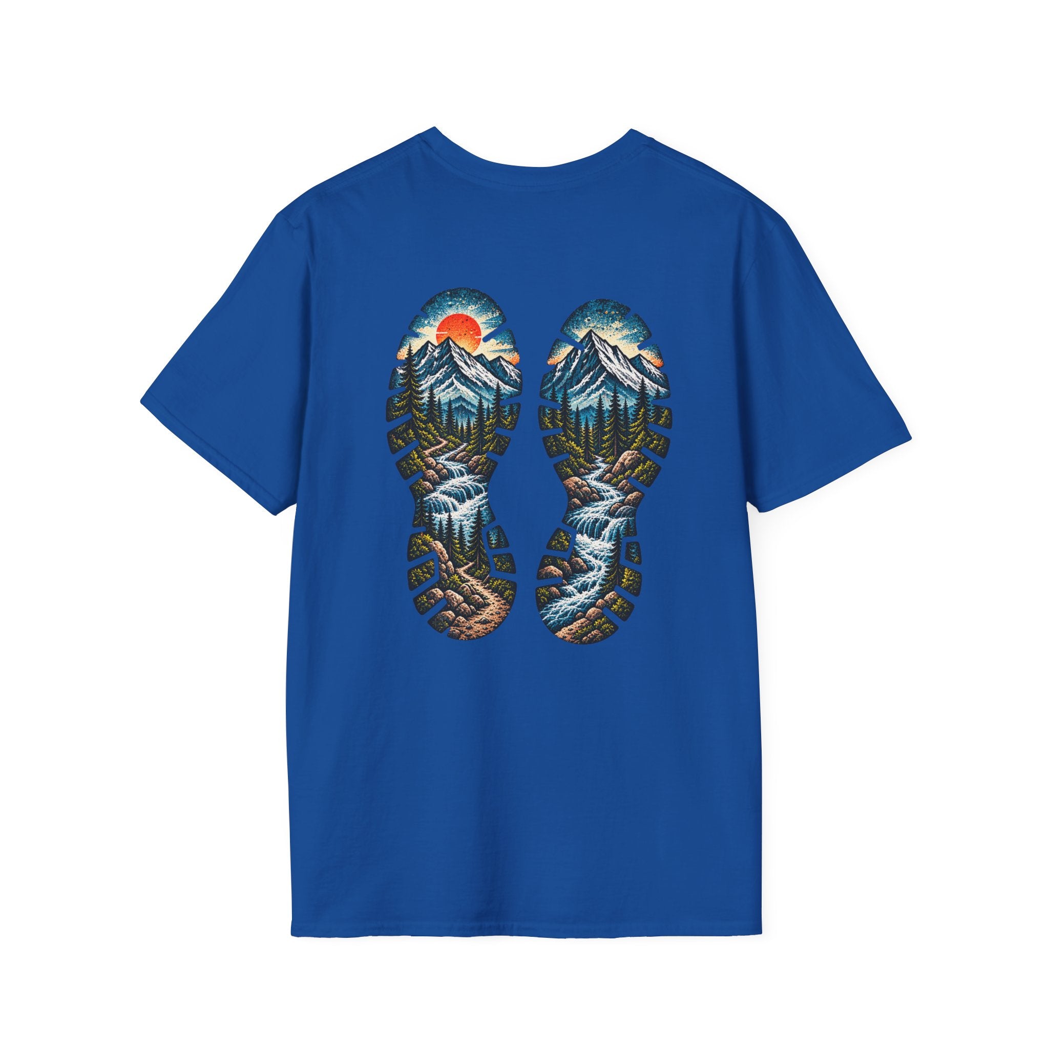 Hiking Bootprint Mountain Tee — Sunset Trail Graphic T-Shirt