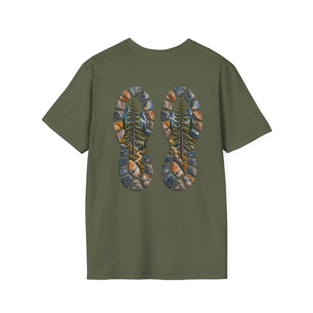 Hiking Bootprint T‑Shirt — Mountain Trail Nature Graphic Tee