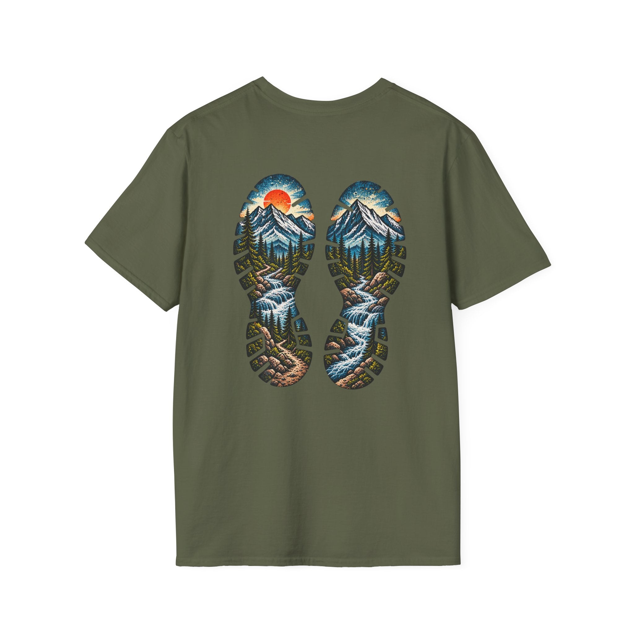 Hiking Bootprint Mountain Tee — Sunset Trail Graphic T-Shirt