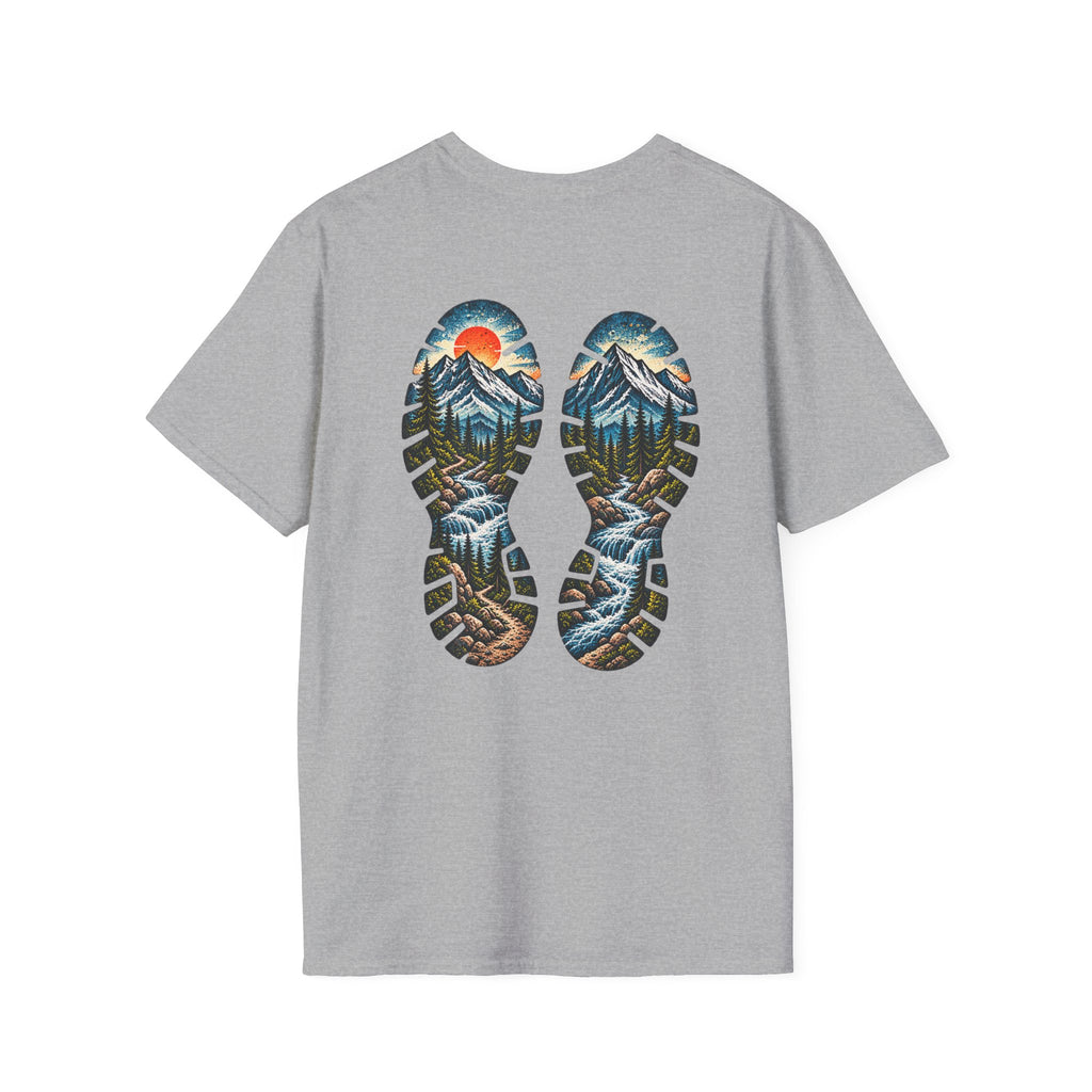 Hiking Bootprint Mountain Tee — Sunset Trail Graphic T-Shirt