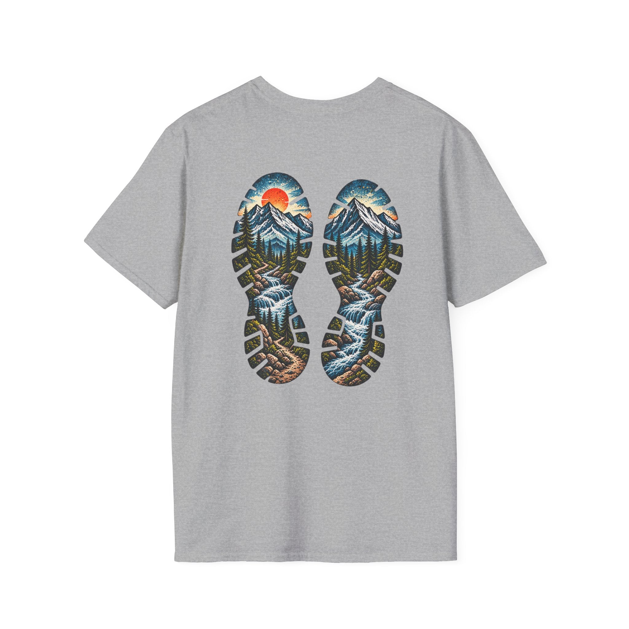 Hiking Bootprint Mountain Tee — Sunset Trail Graphic T-Shirt
