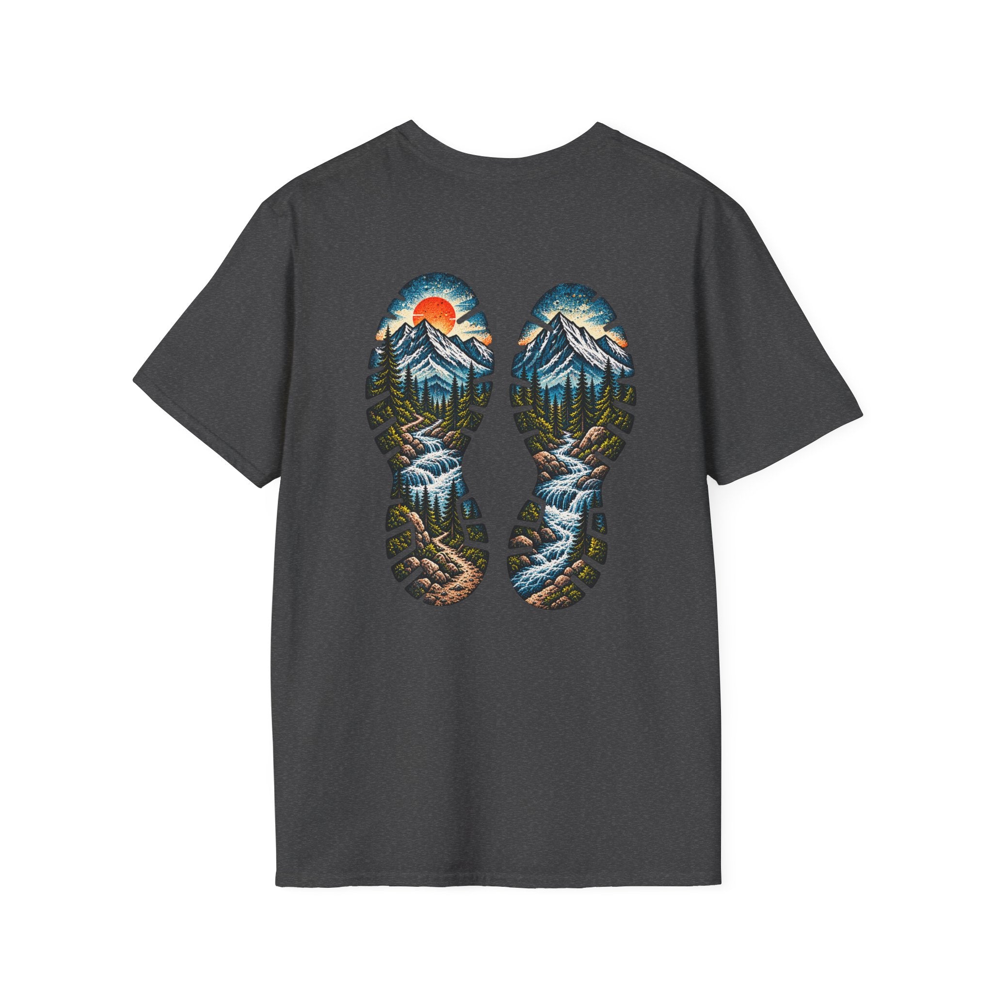 Hiking Bootprint Mountain Tee — Sunset Trail Graphic T-Shirt