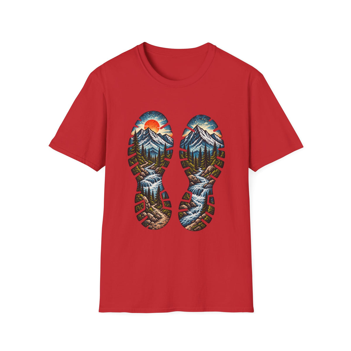Hiking Bootprint Mountain Tee — Sunset Trail Graphic T-Shirt