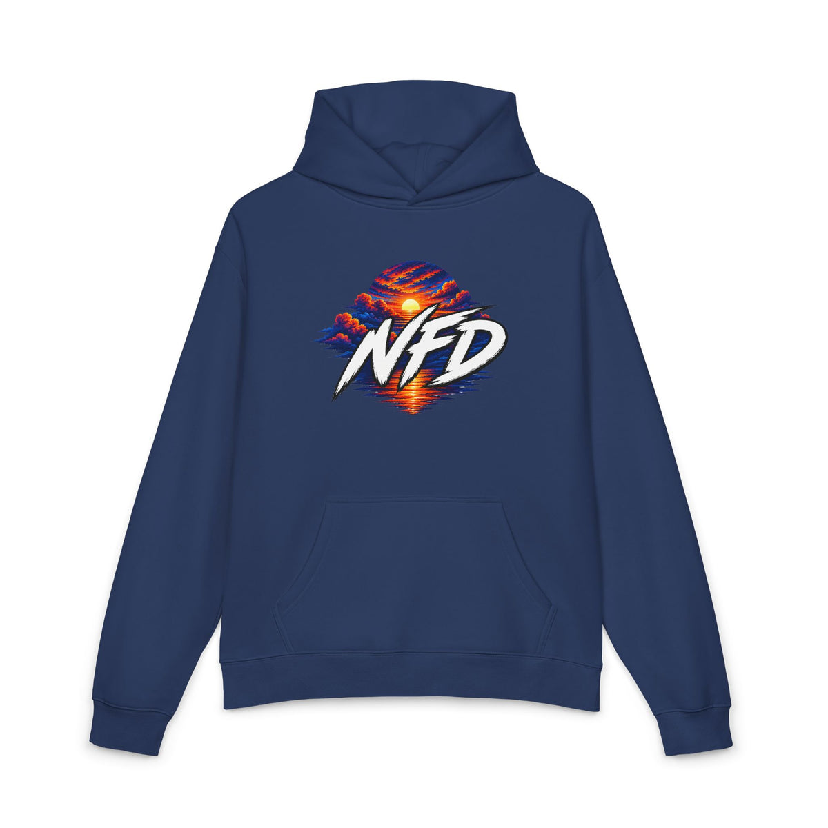 Sunset Globe Hoodie – NFD Graphic Pullover with Vibrant Sunrise Design