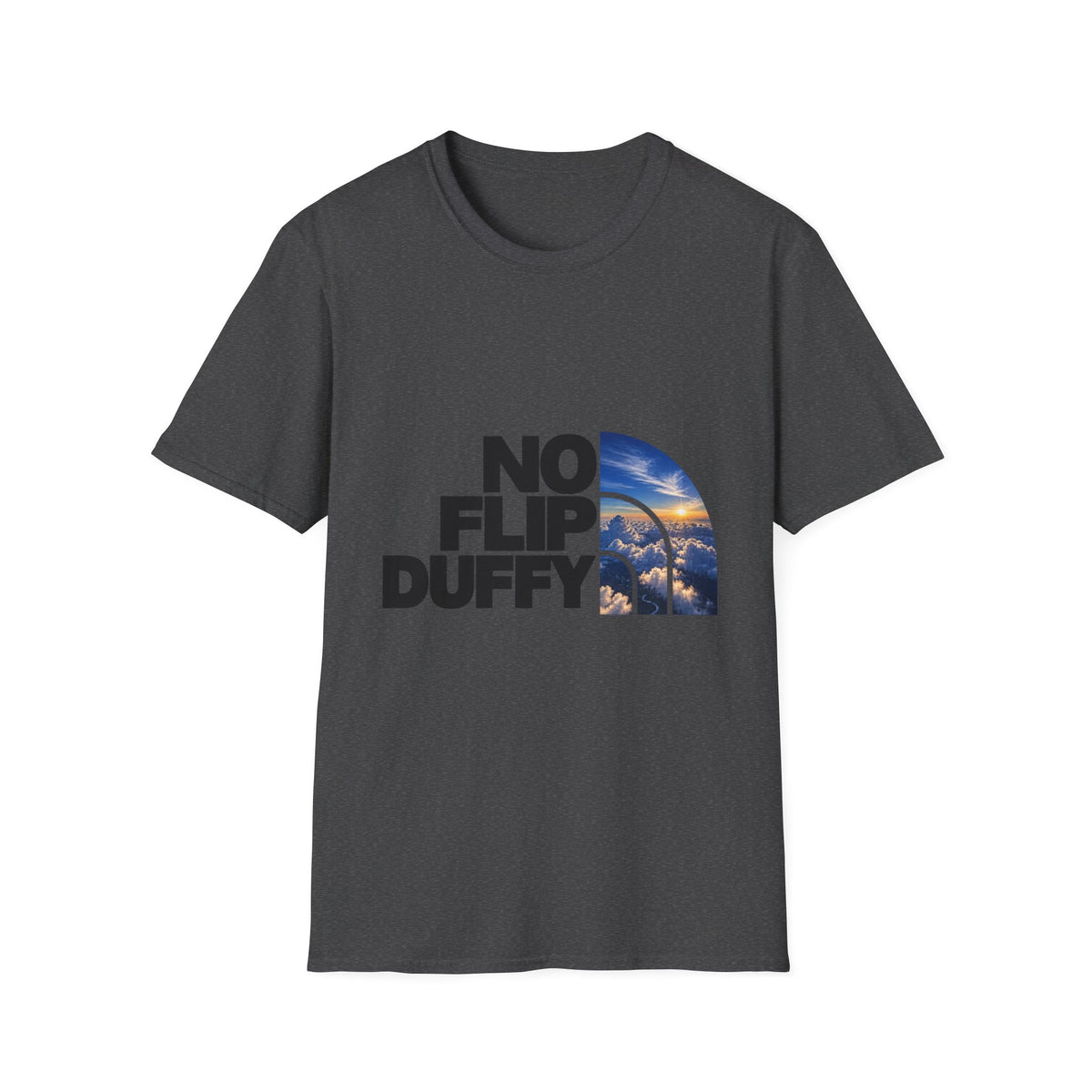 No Flip Duffy T-Shirt — Bold Graphic Tee with Scenic Half-Arch Design